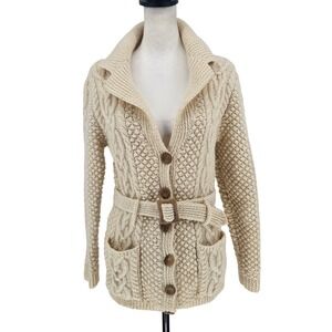 VTG Cream Fisherman Cardigan Sweater S Wool Cable Knit Belted Shawl Collar Aran